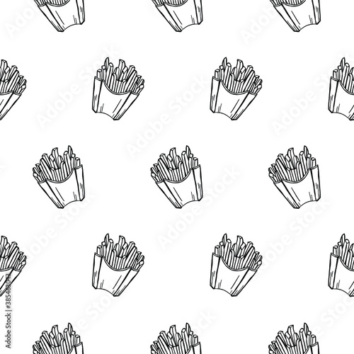 Vector pattern of French fries in black and white. Drawn by hand. Fast food. Menu.
