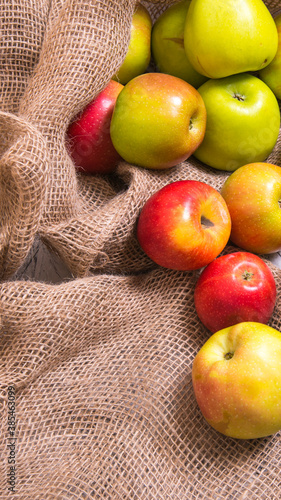 A bunch of red and green apples in a bag on a black and white background,close-up,background,Wallpaper,postcard,advertising