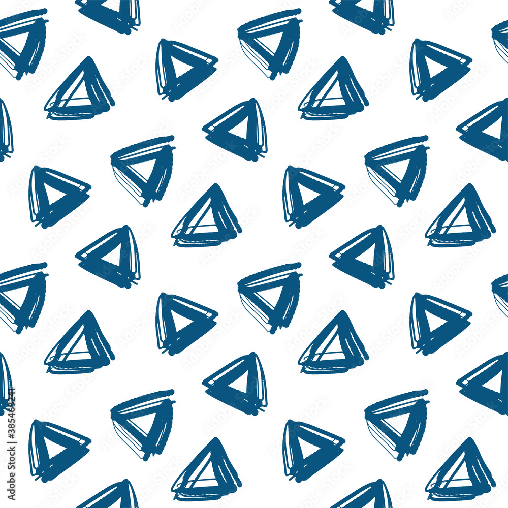 Blue bold triangles isolated on white background. Geometric monochrome seamless pattern. Ink sketch drawing. Vector flat graphic hand drawn illustration. Texture. Blue bold triangles isolated on white background. Geometric monochrome seamless pattern. Ink sketch drawing. Vector flat graphic hand drawn illustration. Texture.