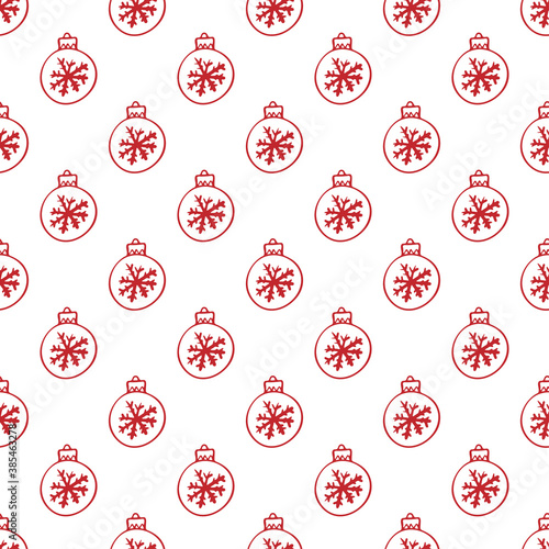 Red Christmas balls isolated on white background. Cute festive seamless pattern. Contour silhouette. Ink sketch drawing. Vector flat graphic hand drawn illustration. Texture.