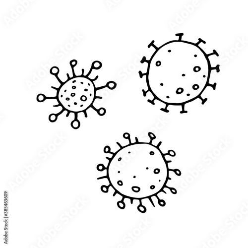 Vector virus icon set. The Molecule viral bacteria infection. Coronavirus. Flu laboratory infection test. Contour doodle outline hand drawn