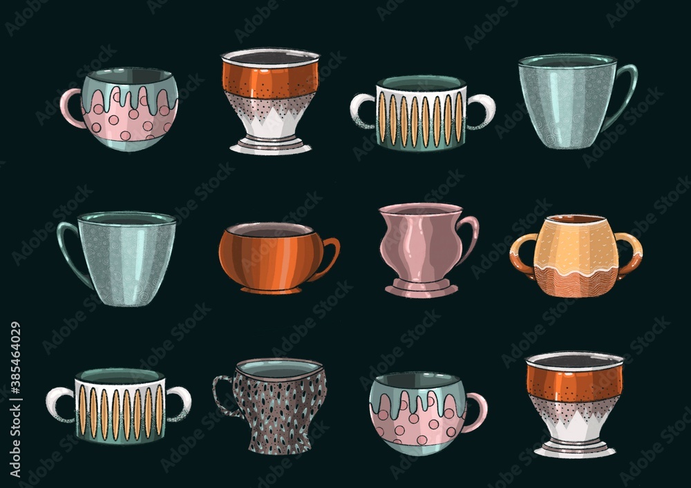 A set of cups for drinks. Manual illustration. Elements for design. A set of cups for drinks. Manual illustration. Elements for design.