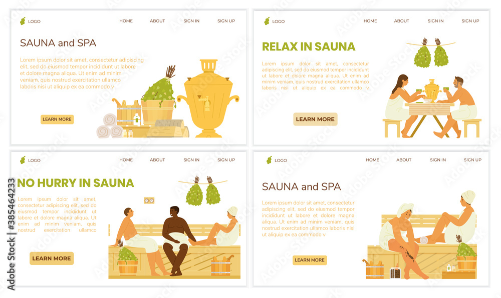 Sauna And Spa Web Page Templates Set. Illustrations Of People In Sauna, Drinking Tea From Samovar, Relaxing. Sauna Accessories. Flat Vector Design. Sauna And Spa Web Page Templates Set. Illustrations Of People In Sauna, Drinking Tea From Samovar, Relaxing. Sauna Accessories. Flat Vector Design.