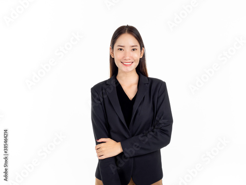 A pretty young Asian business woman in black suit.