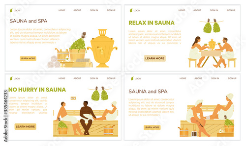 Sauna And Spa Web Page Templates Set. Illustrations Of People In Sauna, Drinking Tea From Samovar, Relaxing. Sauna Accessories. Flat Vector Design.