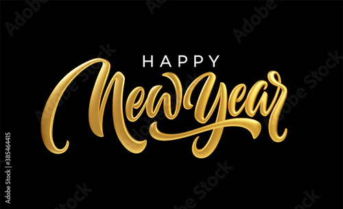 Happy New Year. Realistic golden metal lettering isolated on black background. Vector illustration