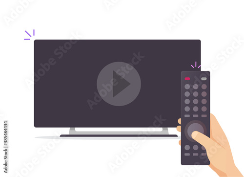 Television tv watching video film vector concept flat cartoon illustration, flat screen wide smart tv playing as cinema service with person man and remote control tech
