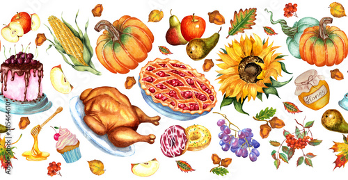 Seamless horizontal food pattern for the holiday. Thanksgiving Day. Sweets, vegetables, fruits and baked poultry. Watercolor illustration isolated on white background. hand-drawn.