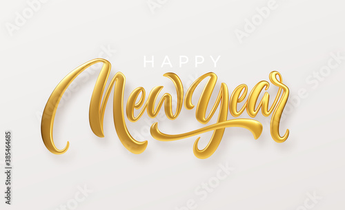 Happy New Year. Realistic golden metal lettering isolated on white background. Vector illustration