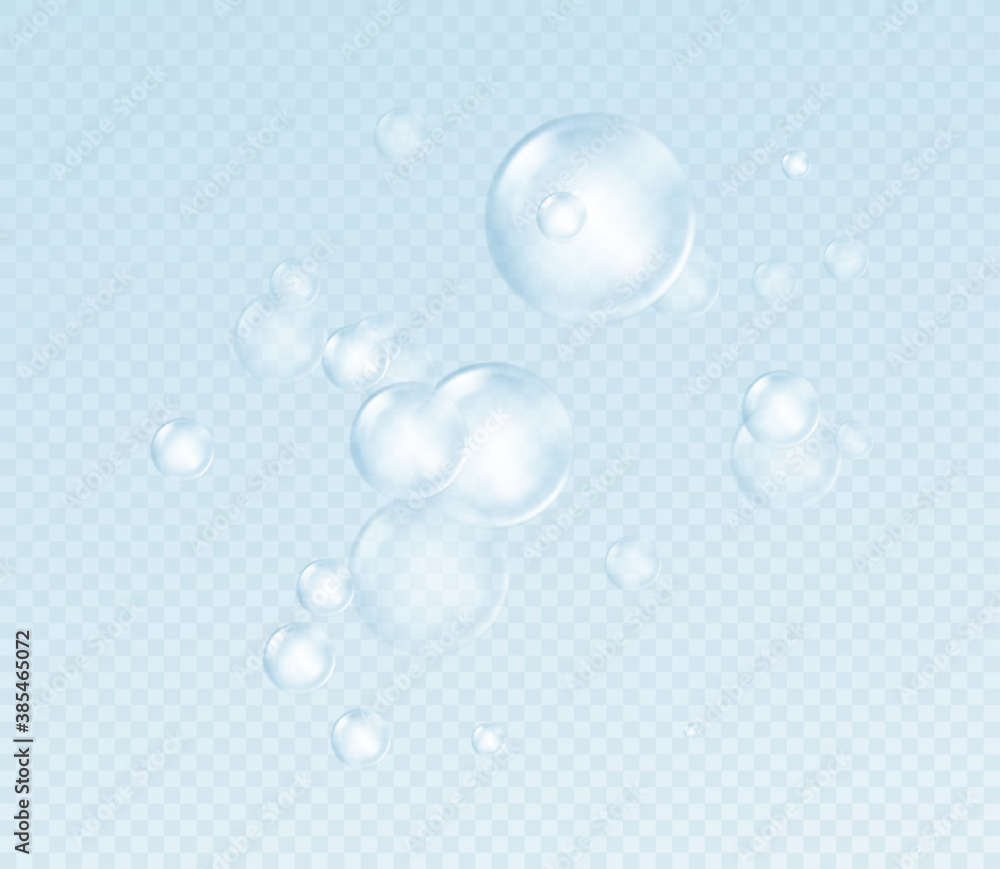 Realistic soap bubble isolated on transparent background. Real transparency effect. Water foam bubbles set. Vector illustration - obrazy, fototapety, plakaty 