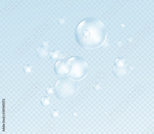 Realistic soap bubble isolated on transparent background. Real transparency effect. Water foam bubbles set. Vector illustration photo