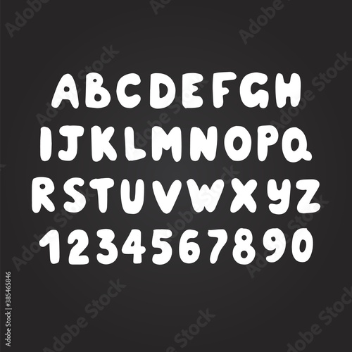 hand drawn alphabet, letters and numbers on chalkboard background, vector illustration