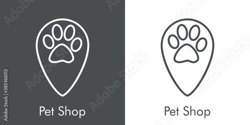 Tienda de mascotas. Logotipo lineal pisada de perro en puntero en fondo gris y fondo blanco