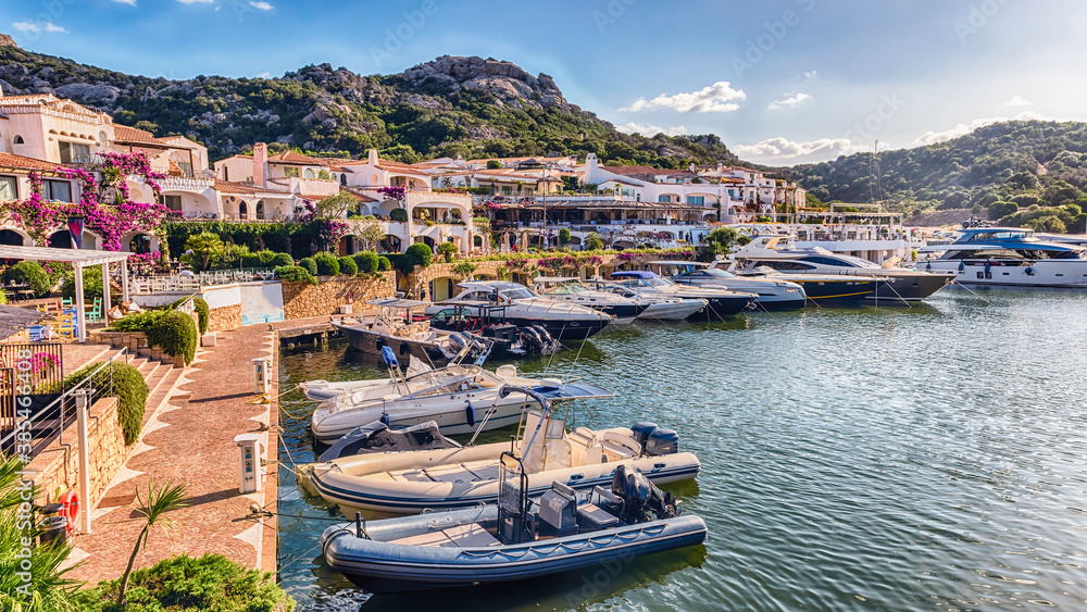 The scenic harbor of Poltu Quatu, Costa Smeralda, Sardinia, Italy