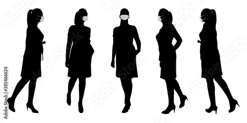 Vector concept conceptual  silhouette women taking while social distancing as means of prevention and protection against coronavirus contamination. A metaphor for the new normal.