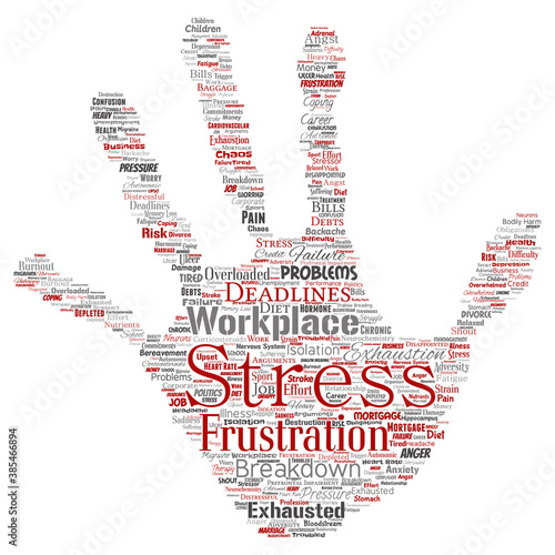 Vector conceptual mental stress at workplace or job pressure human hand print stamp word cloud isolated background. Collage of health, work, depression problem, exhaustion, breakdown, deadlines risk