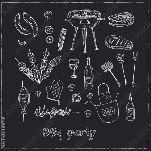 Bbq party set Menu doodle icons on chalkboard. Vector illustration