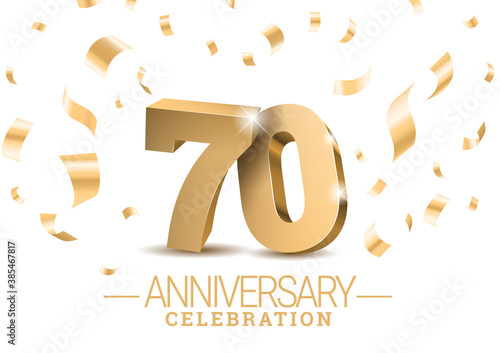 Anniversary 70. gold 3d dancing numbers. Poster template for Celebrating 70th anniversary event party. Vector illustration