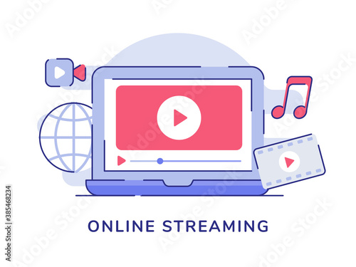 Online streaming concept video playing film music on display laptop screen white isolated background with flat outline style