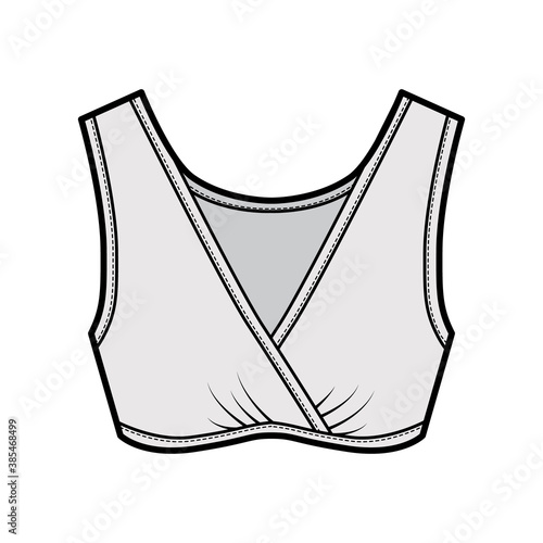 Sleep Bra lingerie technical fashion illustration with gathered surplice, wide shoulder straps. Flat sport brassiere template front, grey color style. Women men unisex underwear CAD mockup