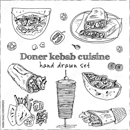 Donner kebeb cuisine Menu doodle icons on chalkboard. Vector illustration