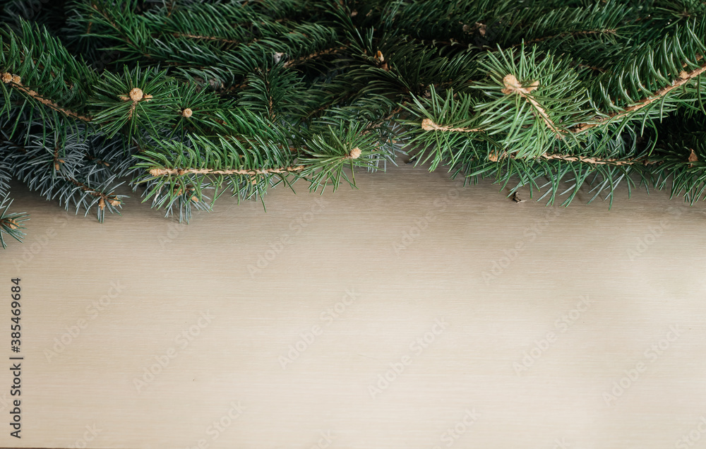 Christmas tree realistic decor. Green branches of a Christmas tree and balloons . Merry Christmas background for holiday banners, headlines, posters. New Year. Christmas tree realistic decor. Green branches of a Christmas tree and balloons . Merry Christmas background for holiday banners, headlines, posters. New Year.