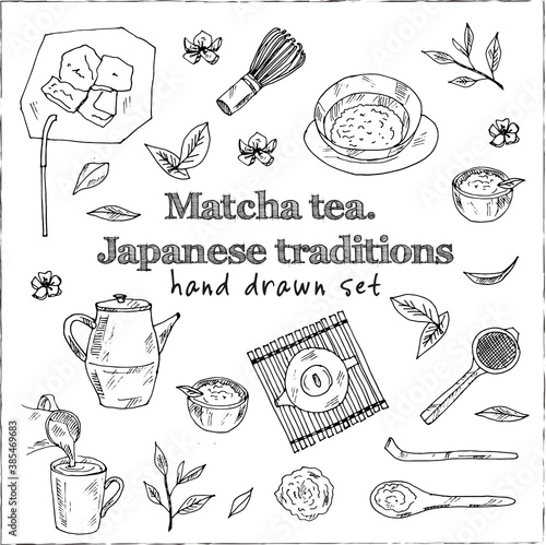 Matcha tea Japanese traditions menu doodle icons Vector illustration on chalkboard. Vector illustration