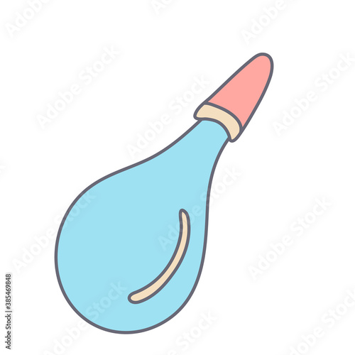 Baby enema or bulb syringe in color doodle style. Nasal aspirator, nose cleaner vacuum. Flat style with outline. Hand drawn vector illustration isolated on white. Pastel colors, pink, blue, beige..