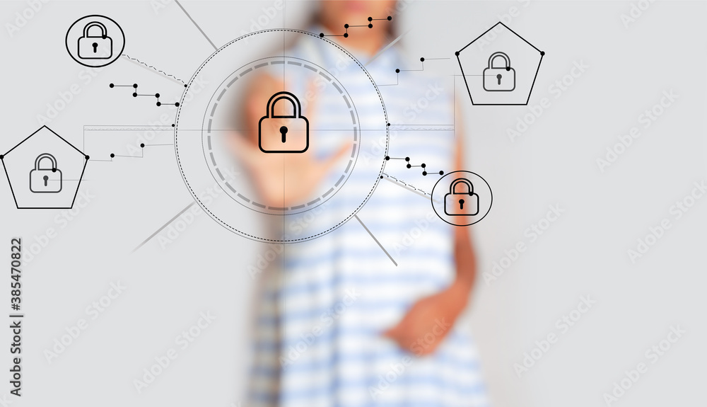 woman on blurred background protecting her data with thin line security interface. business concept