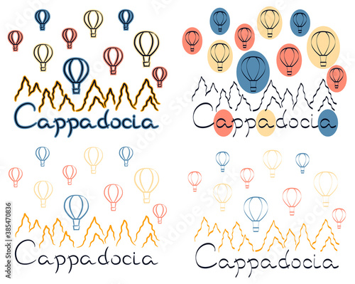 Cappadocia Turkey balloons mountain sketch with felt-tip pen grunge vector illustration