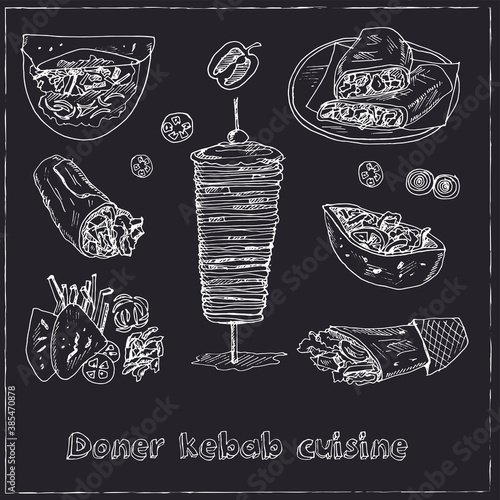 Donner kebeb cuisine Menu doodle icons on chalkboard. Vector illustration