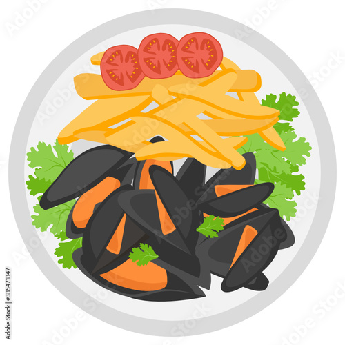 Moules frites on Plate Concept, mussels and fries Vector Icon Design, National Dish of  Sign,Traditional cuisine Symbol, Gourmet food cooking and restaurant menu Item 