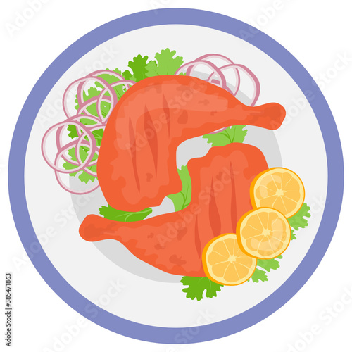 Tandoori Chicken with seasonal Veggies on Plate Concept, Clay Oven Roasted Chicken Icon, National Dish of Indian subcontinent Sign,Traditional cuisine Symbol, Gourmet food cooking and restaurant menu 