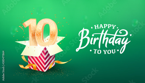 10 years anniversary vector banner template. Ten years jubilee with paper box on a green background. 