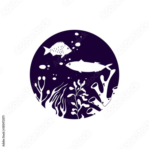 Circle with Fish and Algae White Silhouettes Vector Illustration