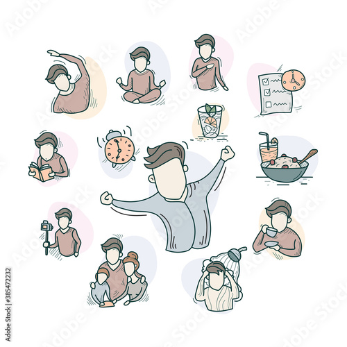 Productive morning routine color icons collection.Hand drawing sketches set. Morning rituals composition. Early rise, breakfast, hygiene and more.Personal time management.Isolated vector illustration 