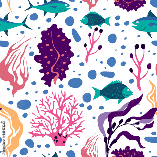 Underwater Creature and Marine Life with Fish and Sea Weeds Seamless Vector Pattern