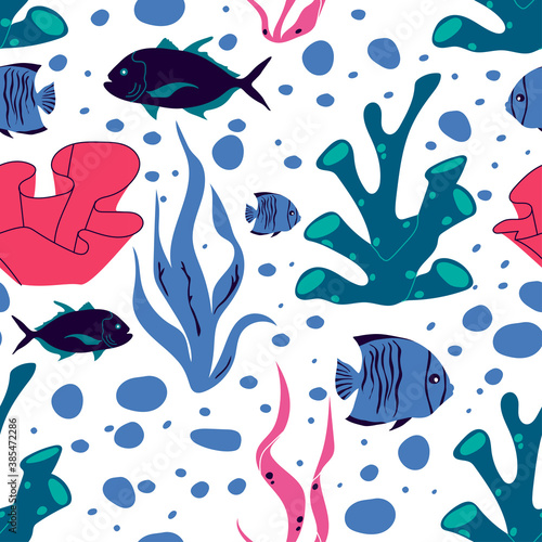 Underwater Creature and Marine Life with Fish and Sea Weeds Seamless Vector Pattern