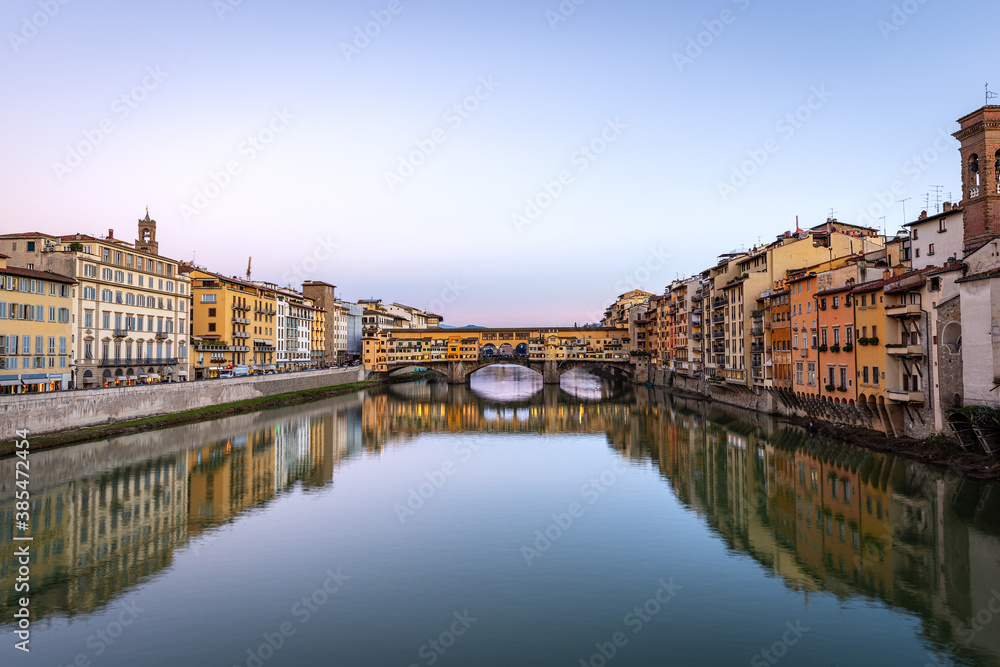 Florence, Medieval Ponte Vecchio (Old Bridge) and the River Arno,UNESCO world heritage site, Tuscany Italy, Europe.
