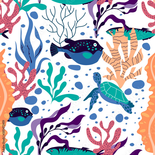 Underwater Creature and Marine Life with Fish and Sea Weeds Seamless Vector Pattern