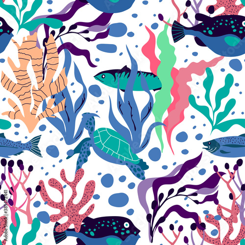 Underwater Creature and Marine Life with Fish and Sea Weeds Seamless Vector Pattern