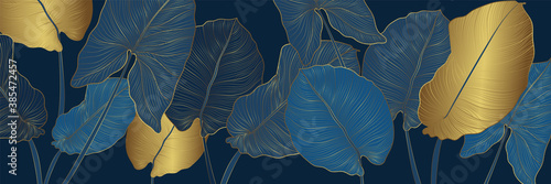 Luxury gold and nature blue background vector. Floral pattern, Golden split-leaf Philodendron plant with monstera plant line arts, Vector illustration.