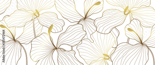 Luxury elegant gold orchids Flower line arts pattern   on white background. Topical flower wallpaper design, Fabric, surface design. Vector illustration.