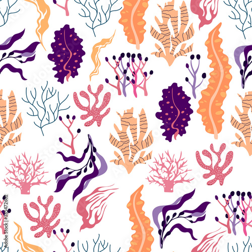 Colorful Algae and Sea Weeds with Wavy Leaves and Plants Vector Seamless Pattern