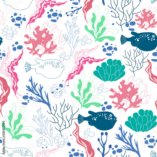 Underwater Creature and Marine Life with Fish and Sea Weeds Seamless Vector Pattern