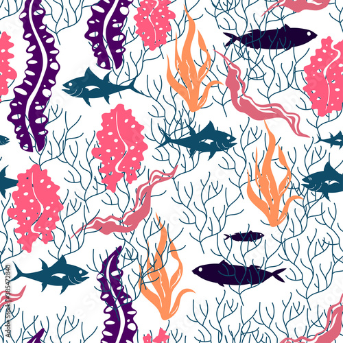 Underwater Creature and Marine Life with Fish and Sea Weeds Seamless Vector Pattern