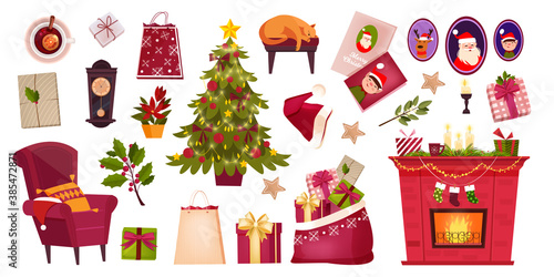Christmas room interior elements set with decorated x-mas tree, traditional chimney, gift boxes. Winter holiday collection with Santa bag, pictures, fireplace. Christmas vector set isolated on white