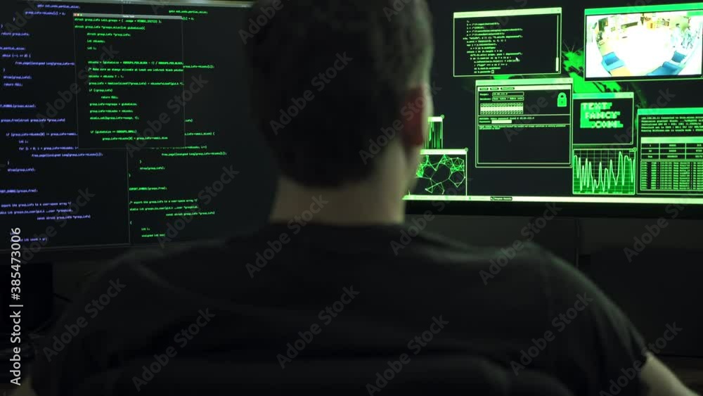 Male computer hacker sitting in front of computer monitors typing code ...