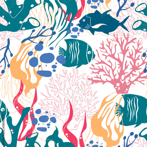 Underwater Creature and Marine Life with Fish and Sea Weeds Seamless Vector Pattern