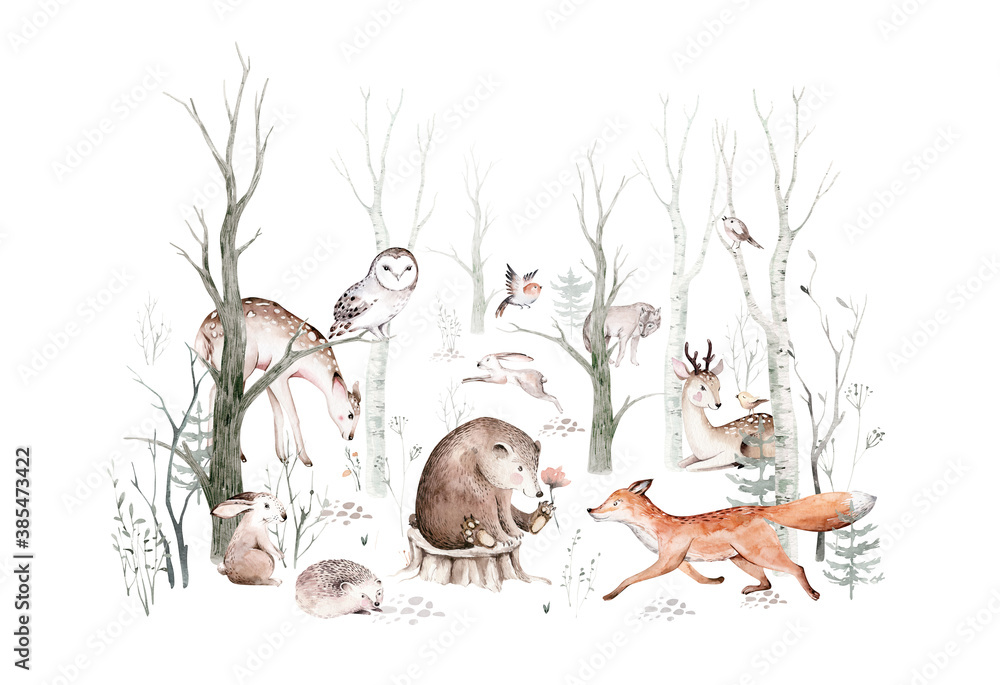 Fototapeta Woodland animals set. Owl, hedgehog, fox and butterfly, Bunny rabbit set of forest squirrel and chipmunk, bear and bird baby animal, Scandinavian Nursery wolf watercolor kids poster design